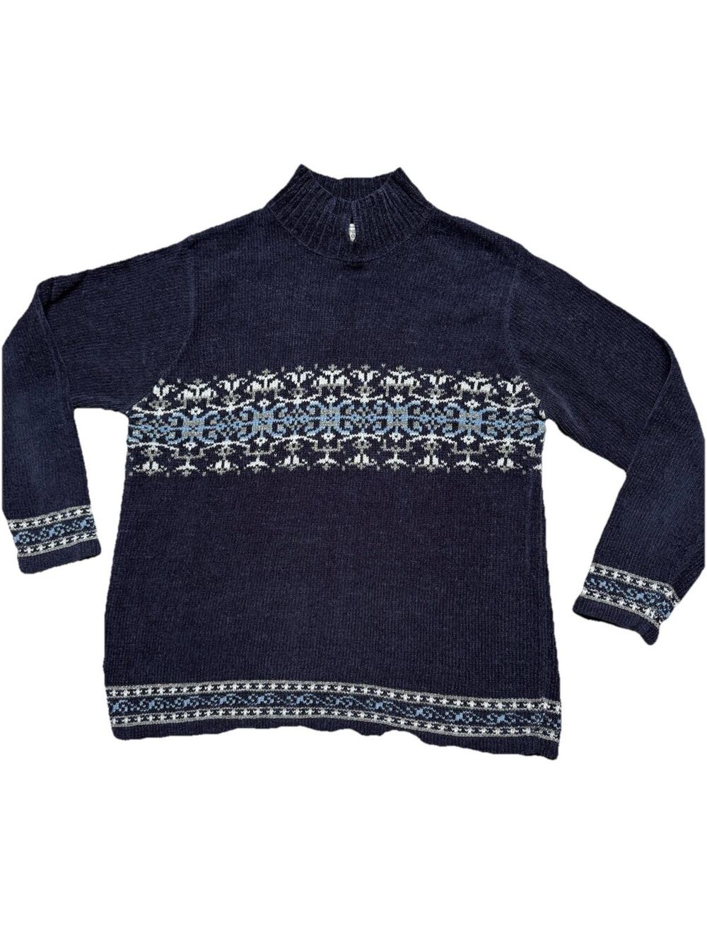 VTG 90s Jennifer Moore Women Fair Isle Tunic Sweater Size S Blue Preppy Holidays